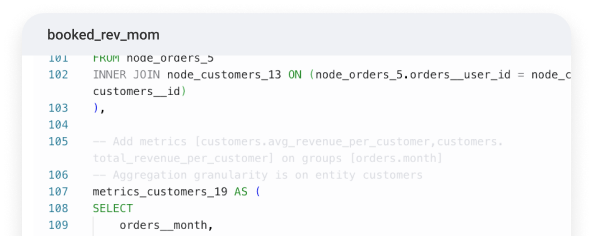 Screenshot of SQL generated by the Honeydew semantic compiler, composing a revenue metric across orders and customers